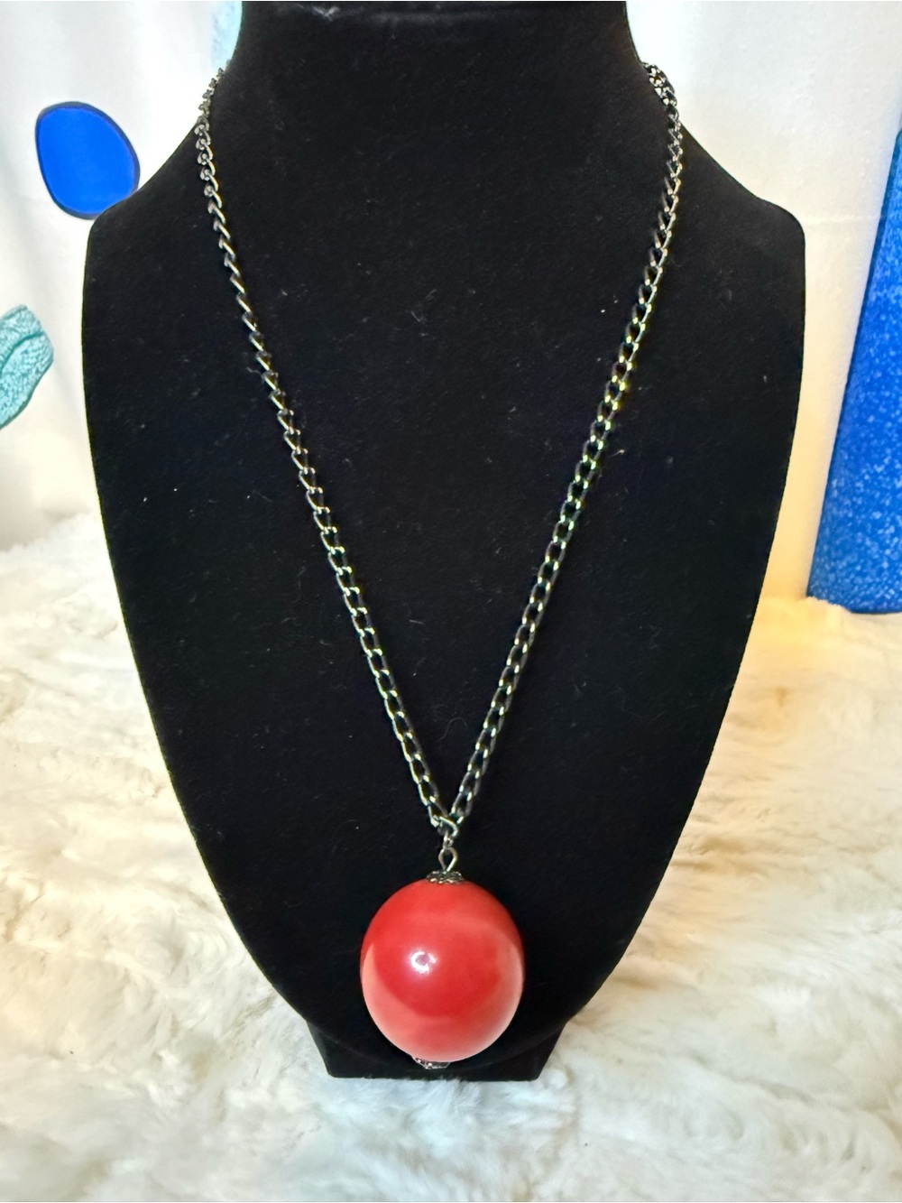 Vintage Red Sphere Pendant Necklace Gunmetal Chain Retro Mod Statement